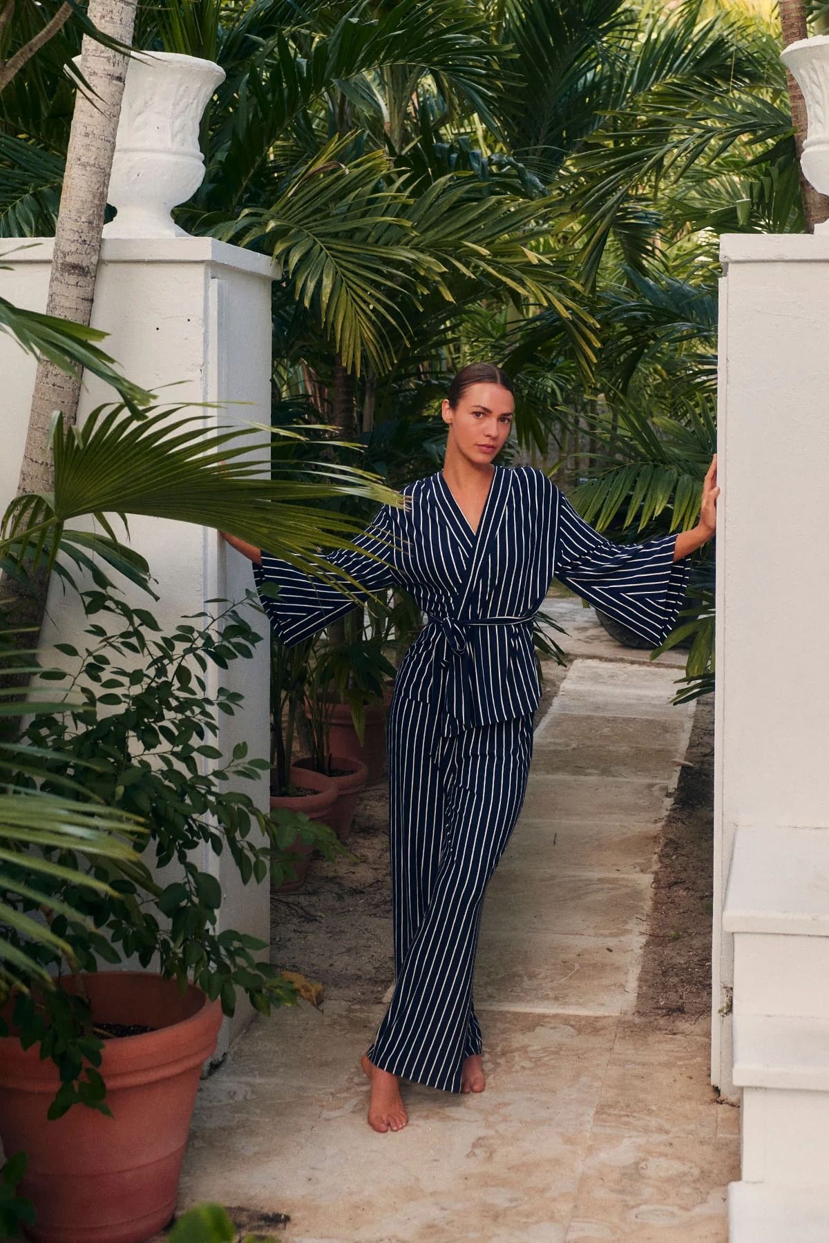 LAKE Pajamas, Dreammodal Kimono Pajama Set in English Navy Vertical Stripe