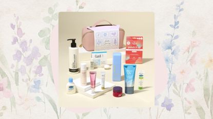 Image of the Boots Spring Skincare Refresh Edit on a beige floral background with pink square detail