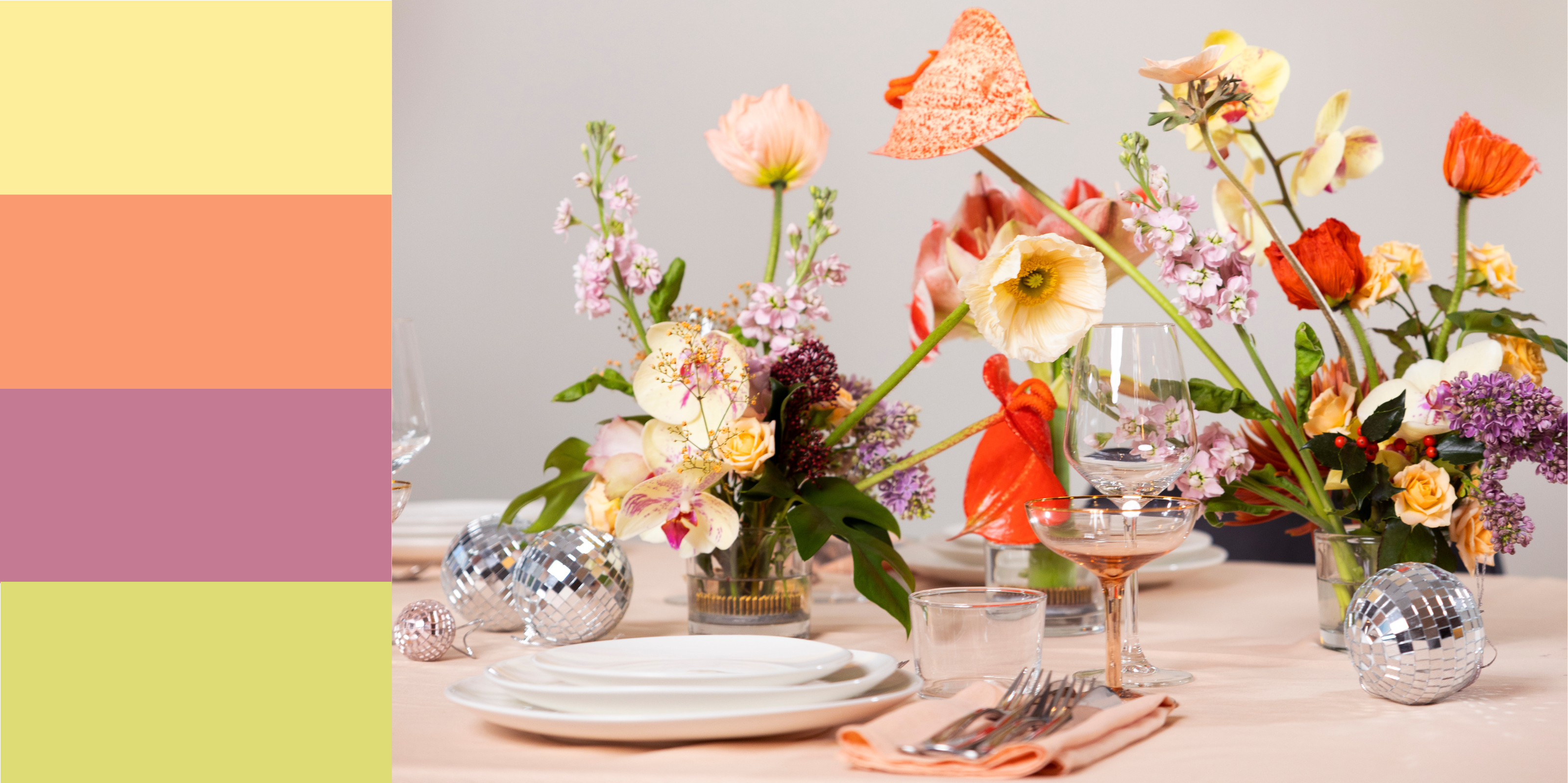 A set of four color swatches beside a picture of a tablescape with colorful spring floral arrangements, disco balls and cutlery
