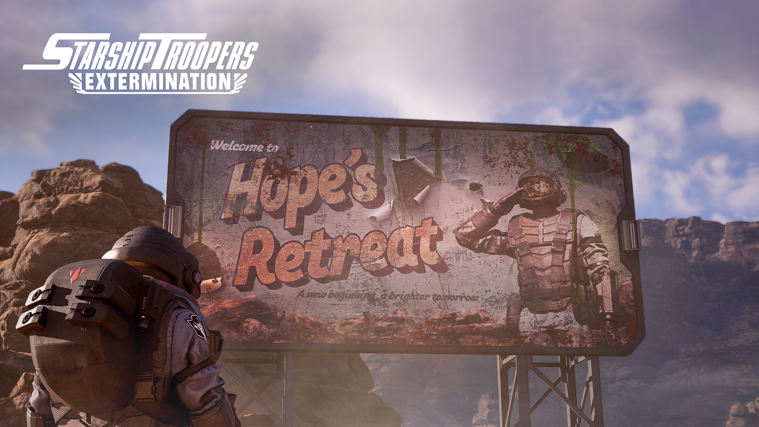 A player looks at a sign that says