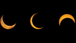 partial phases of an annular solar eclipse, showing the moon taking large 'bites' out of the sun.