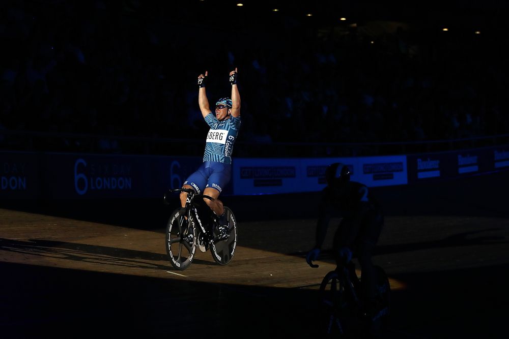 Mathew Rotherham of Great Britain celebrates winning the Keirin Final during day one of the London Six Day Race