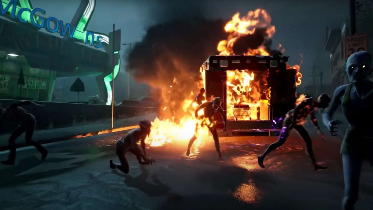 An explosion engulfs a truck, zombies run screaming in all directions