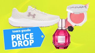 Compilation showing Under Armour sneakers, Fenty Beauty blush, Victor & Rolf perfume