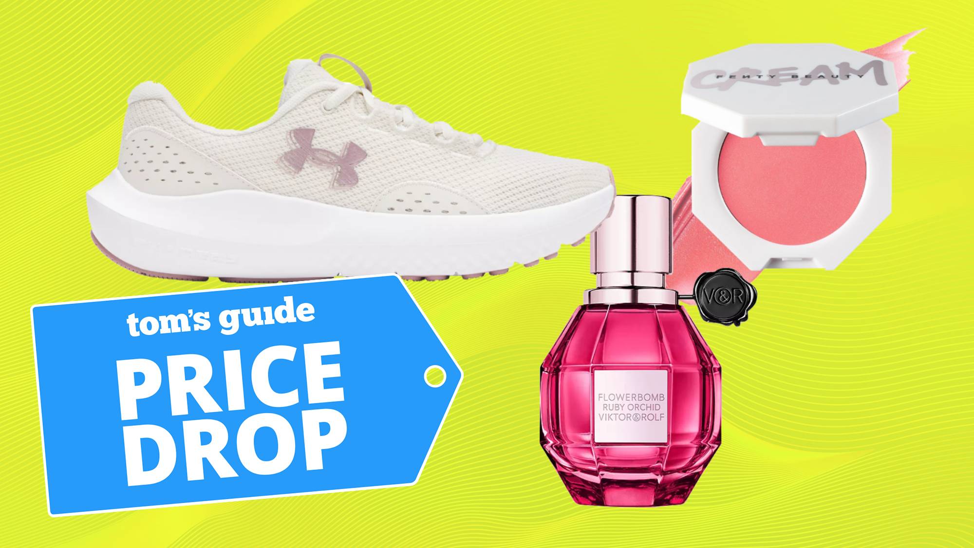 Compilation showing Under Armour sneakers, Fenty Beauty blush, Victor &amp; Rolf perfume