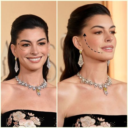 a white woman with dark hair in a duo of photos in which she's wearing a strapless black gown and a diamond necklace on a gold backdrop