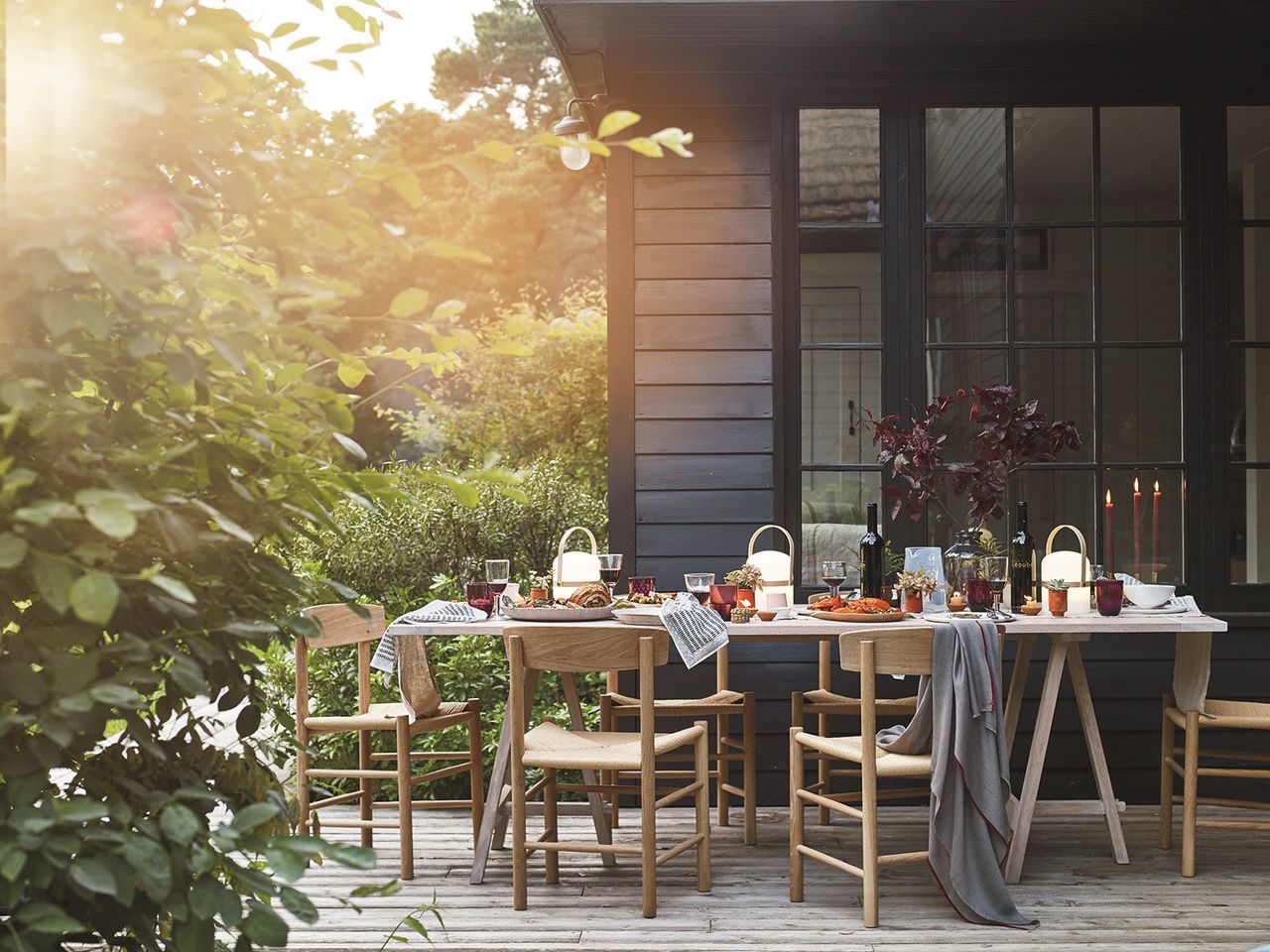 wooden dining table in the garden