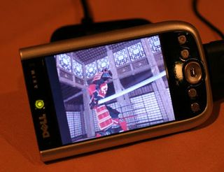 Mobile devices can now easily render full-motion game video. Futuremark showed off this Dell Axim running a mobile version of 3dMark.