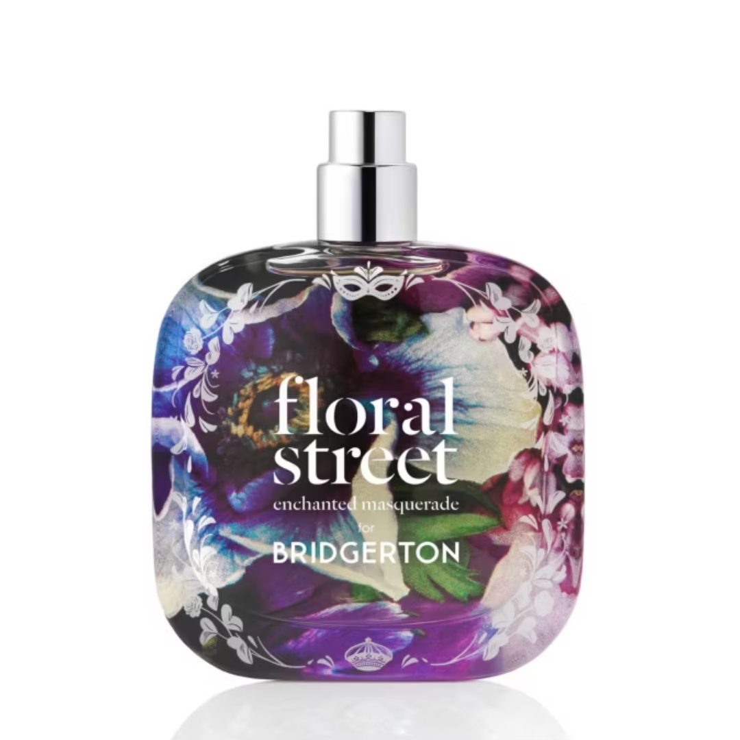 A product shot of the Floral Street Enchanted Masquerade for Bridgerton perfume, on a white background