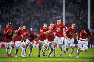 Manchester United's players run off in celebration after beating Chelsea on penalties in the 2008 Champions league final.