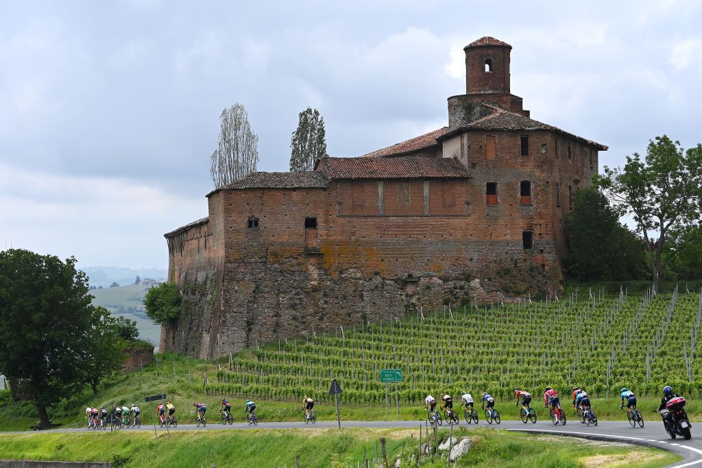 RIVOLI ITALY MAY 18 LR Valentin ParetPeintre of France and AG2R Citron Team Sepp Kuss of The United States and Team JumboVisma Laurens Huys of Belgium and Team Intermarch Circus Wanty Einer Augusto Rubio of Colombia and Movistar Team and a general view of the breakaway competing during the 106th Giro dItalia 2023 Stage 12 a 185km stage from Bra to Rivoli UCIWT on May 18 2023 in Rivoli Italy Photo by Tim de WaeleGetty Images