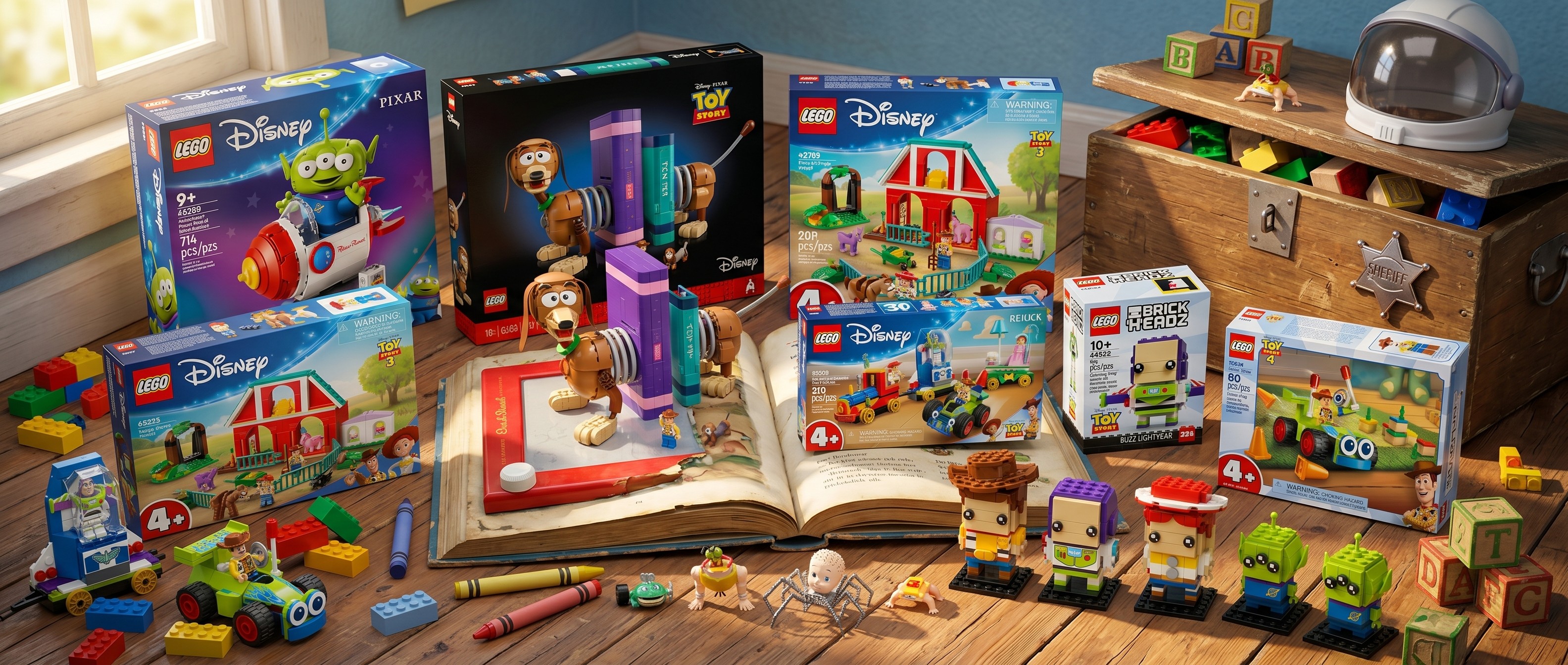 Assorted Toy Story merchandise on a table