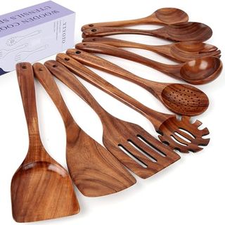 Teak Wooden Spoons for Cooking, set of nine different shapes included slotted and solid ladels and utensils