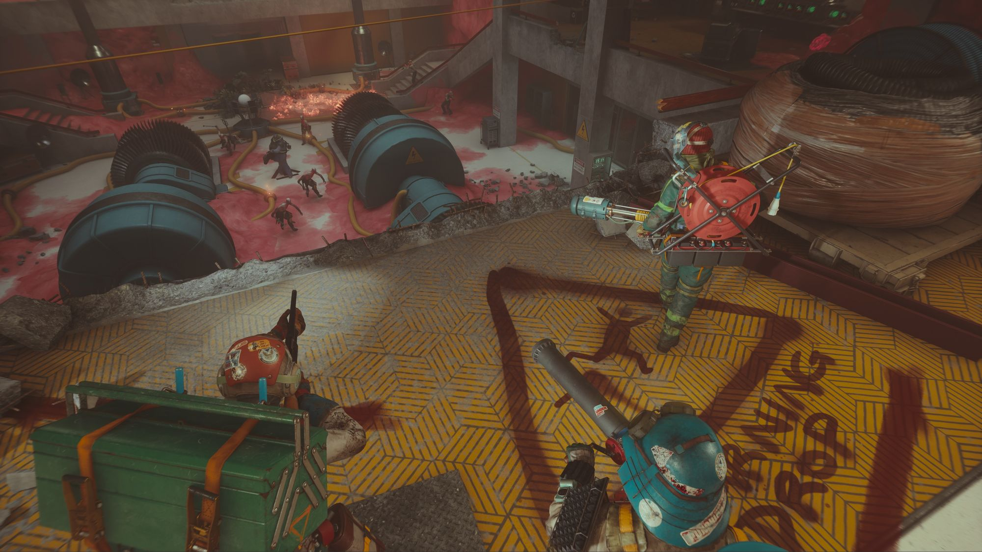A screenshot from FBC: Firebreak showing three players in the "Frequency Shift" mission 