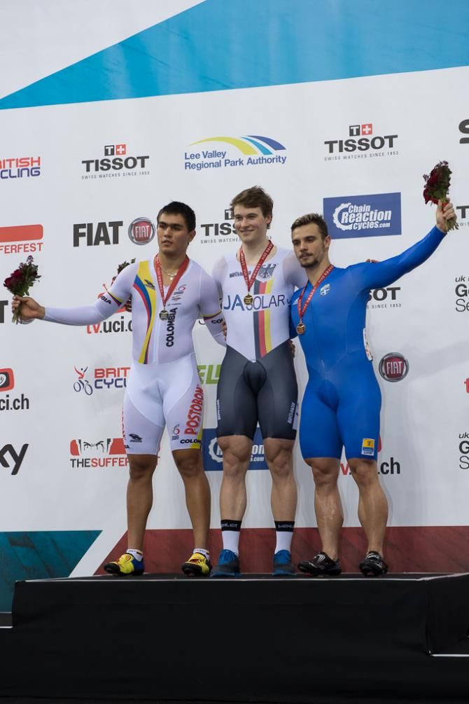 The podium for the Men's Keirin at the London track World Cup