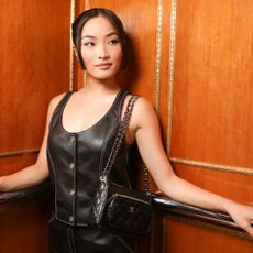 Anna Sawai in an elevator wearing a chanel cruise set and matching bag