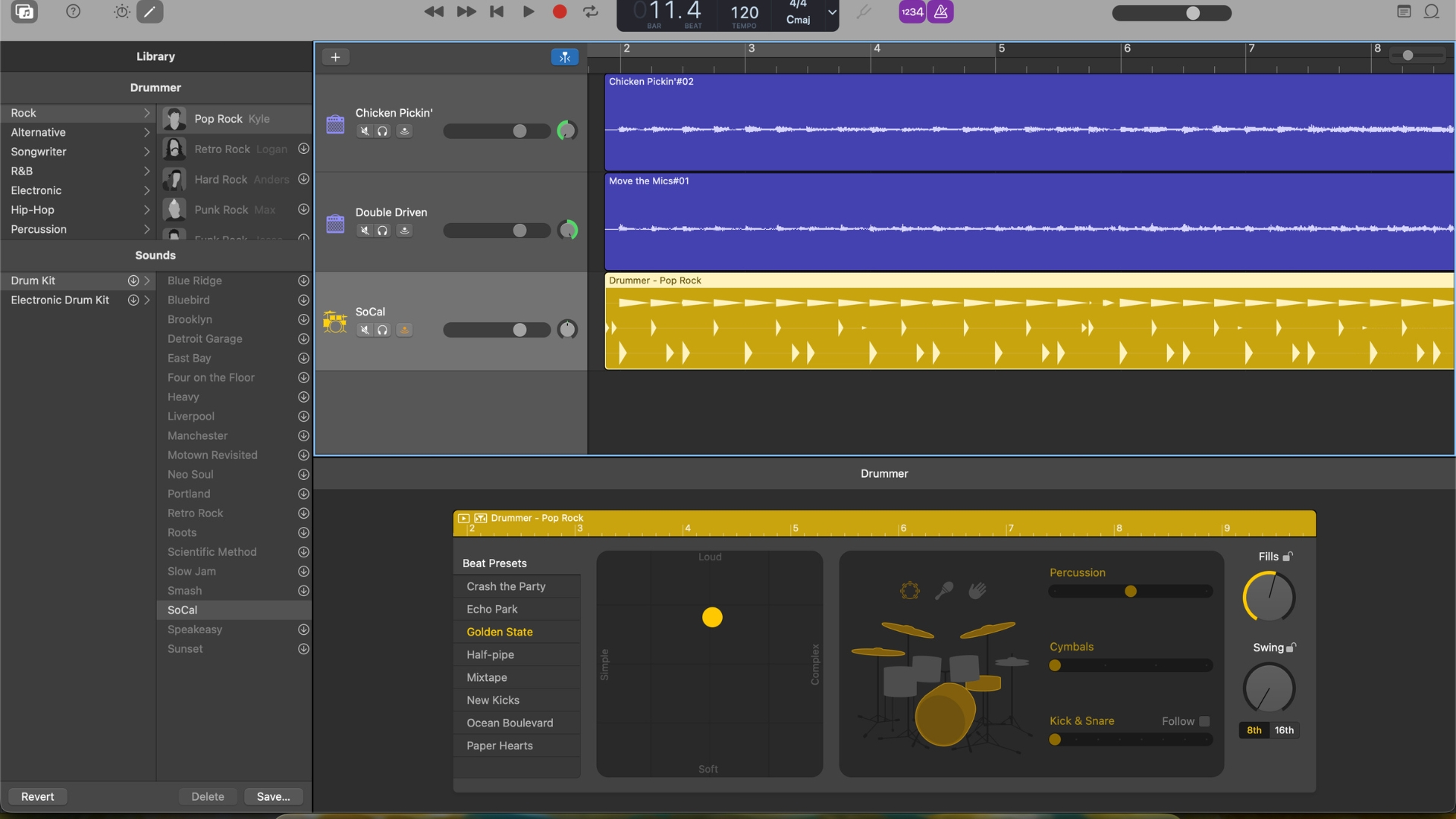 A screenshot of GarageBand's built-in drummer function