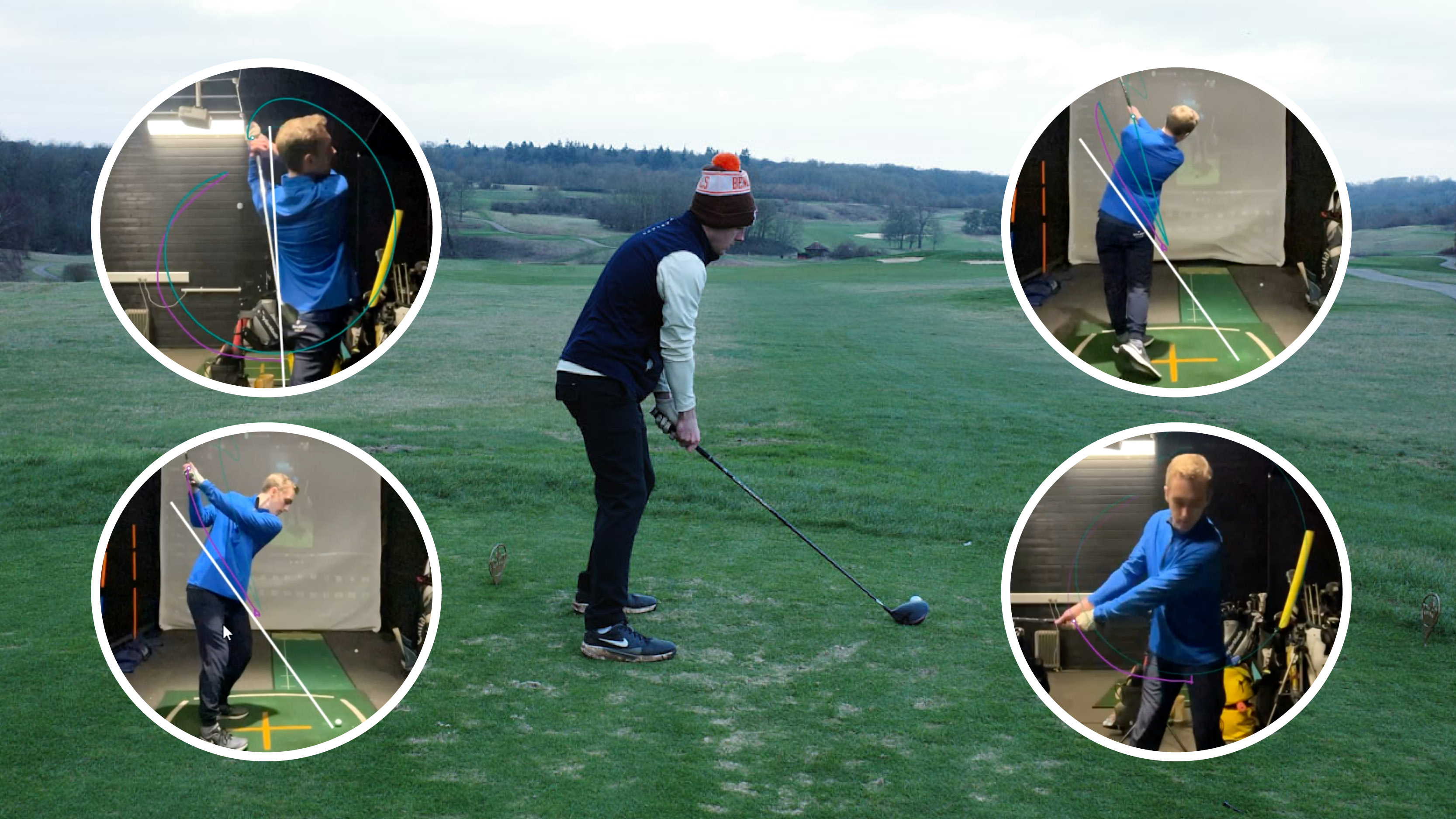Main image of Jonny Leighfield preparing to hit a drive and four inset images of him having a lesson