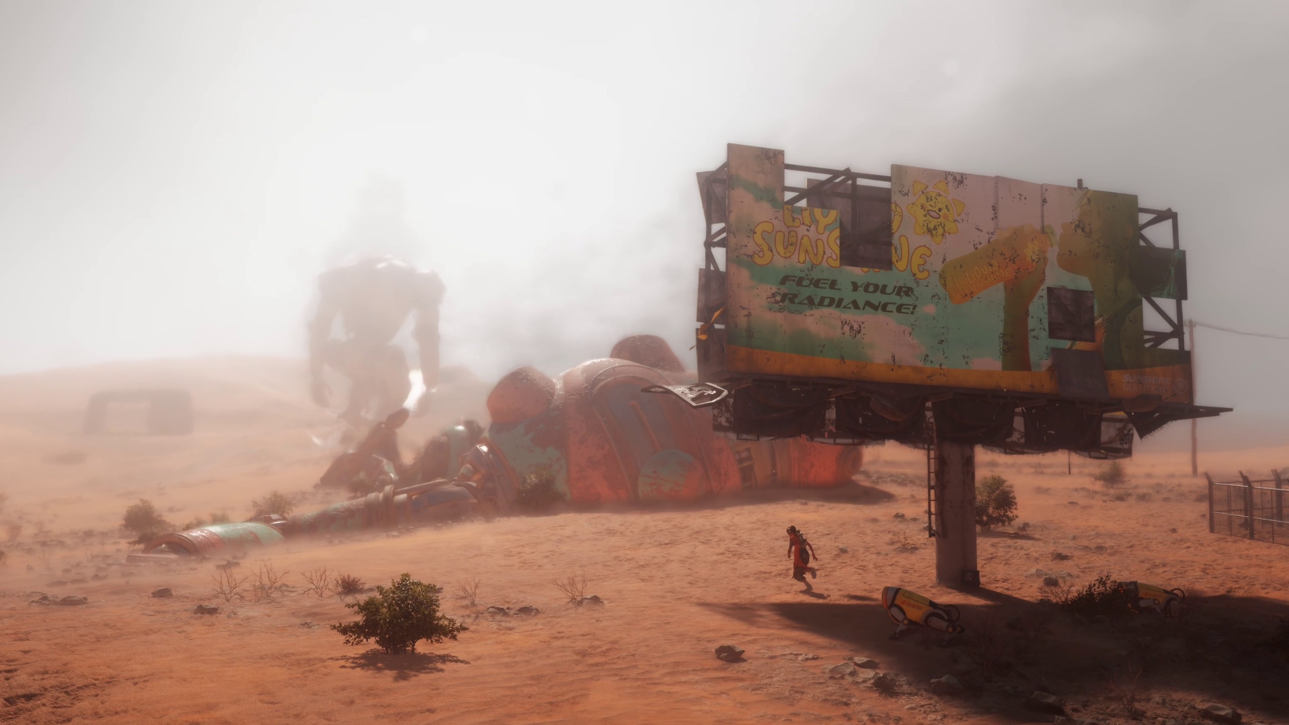Desert landscape with robot in distance