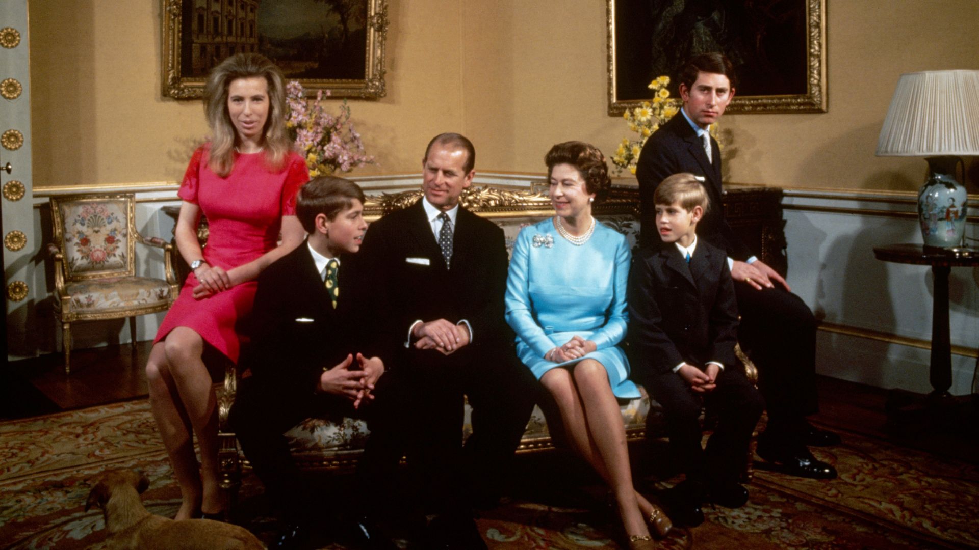 Princess Anne, Prince Andrew, Prince Philip, Queen Elizabeth, Prince Edward and Prince Charles inside Buckingham Palace in 1972