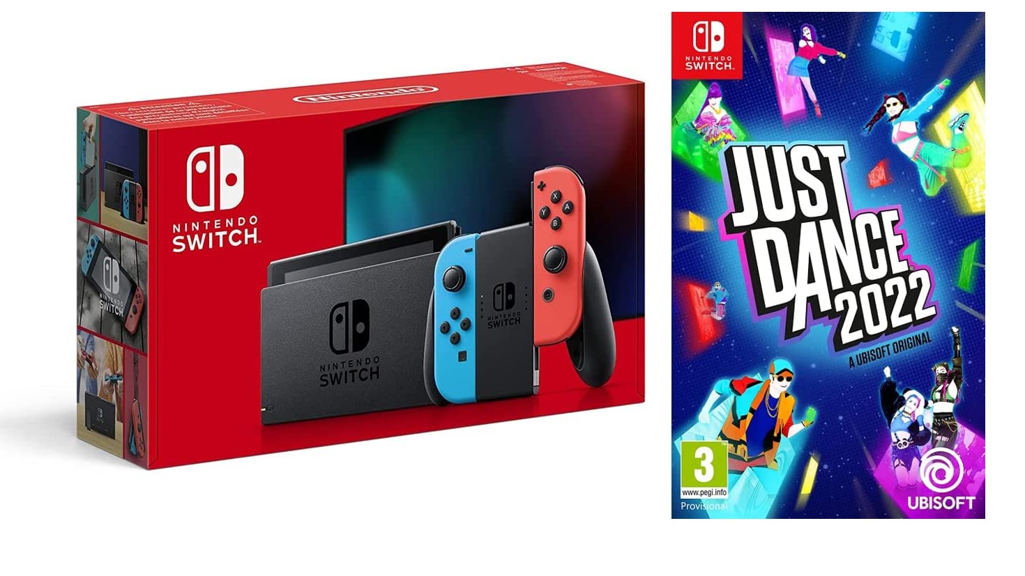 Nintendo Switch packaging and Just Dance packaging