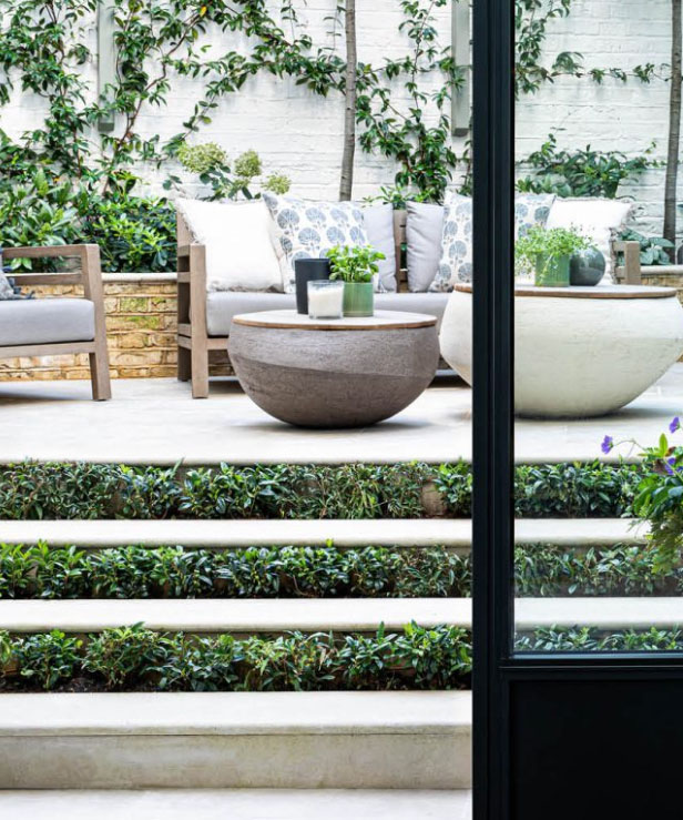 planting between steps in a garden terrace