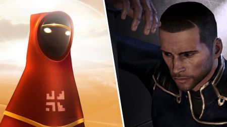 Left: main character from Journey. Right: Commander Shepard looking sad.
