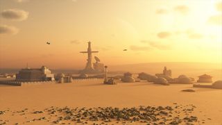 Science fiction illustration of a future colony settlement on Mars.