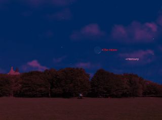 The planet Mercury will shine near the crescent moon in the western sky just after sunset on Friday, April 8, 2016. Here's the view at 8 p.m. local time from mid-northern latitudes.