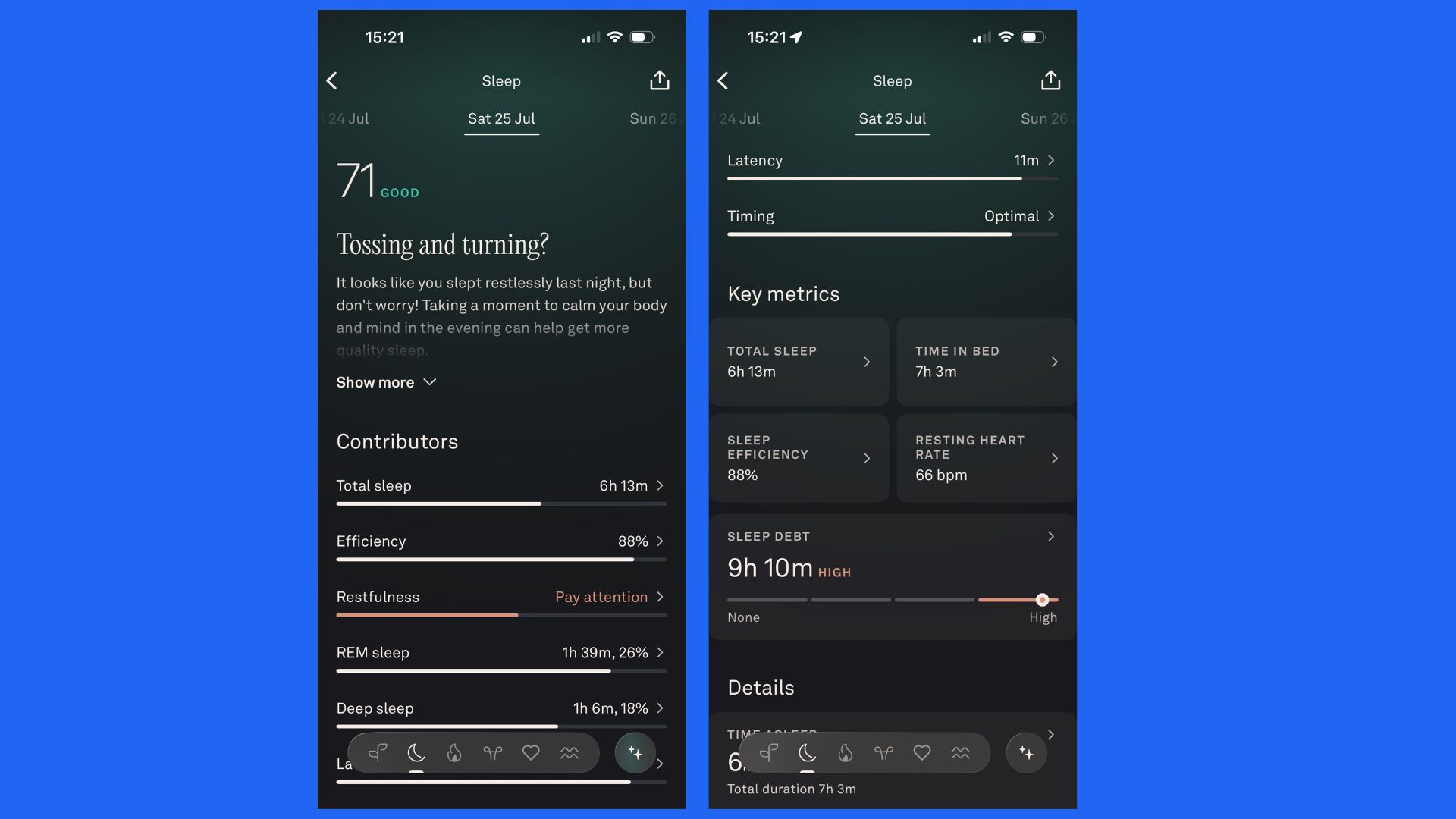 A screenshot of the Oura app showing sleep tracking metrics.