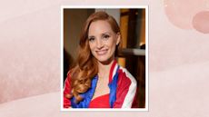 Jessica Chastain is pictured with side-swear curly hair at An Evening at Ralph's held at Ralph's Restaurant on July 27, 2024 in Paris, France/ in a pink watercolour paint-style template