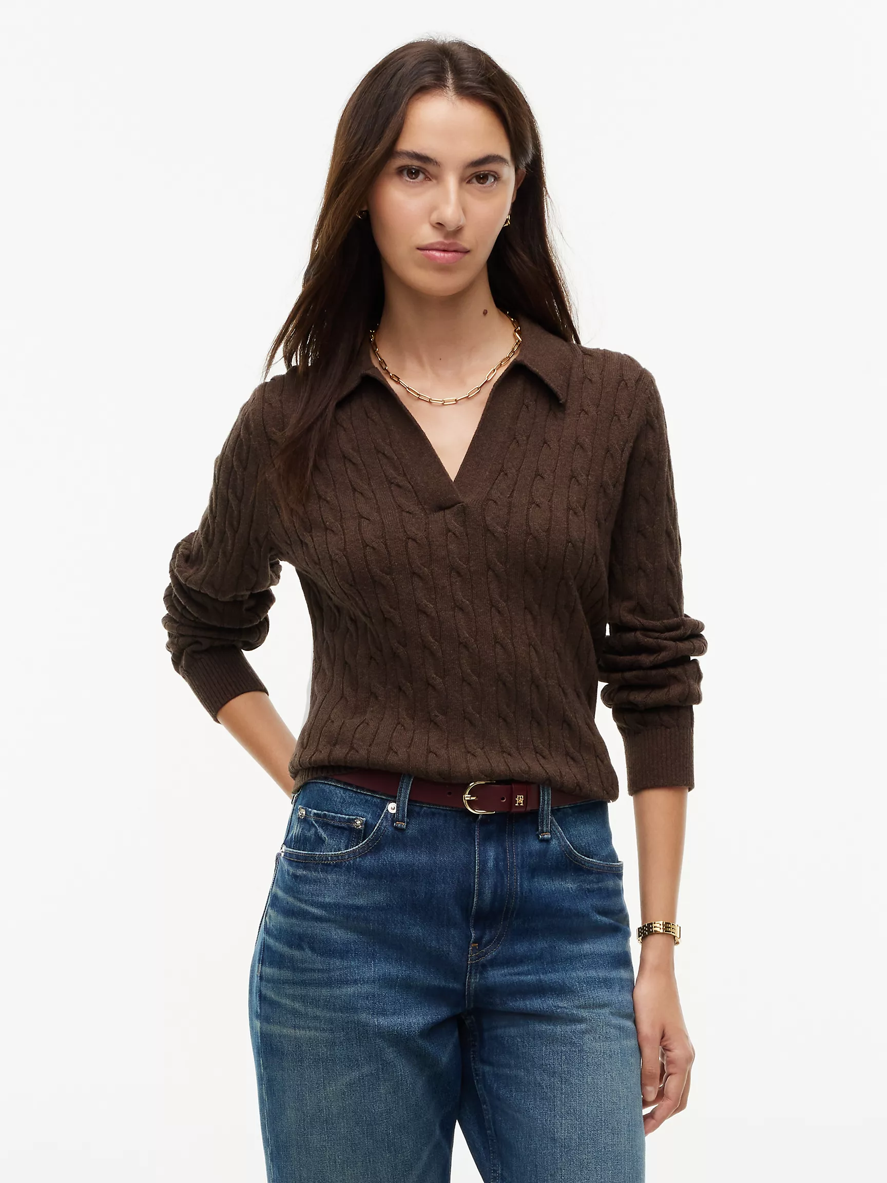 Open Placket Cable Knit Sweater Polo