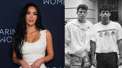 a split shot of kim kardashian and an old photo of erik and lyle menendez