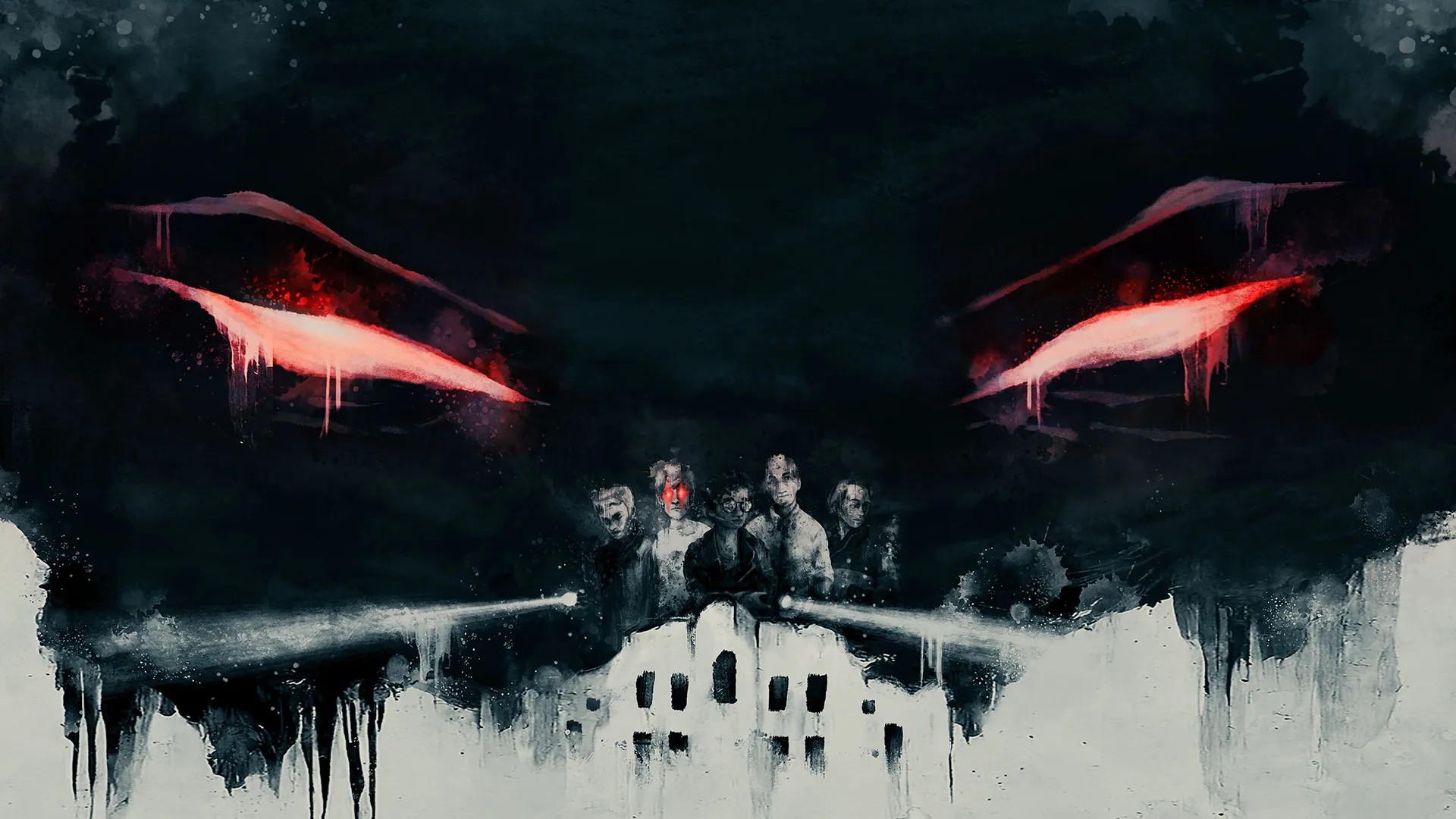 Evil eyes peer over scared-looking protagonists.