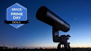 The Unistellar eQuinox 2 against a starry night sky showing Orion with a blue Space.com Prime Day badge in the corner.