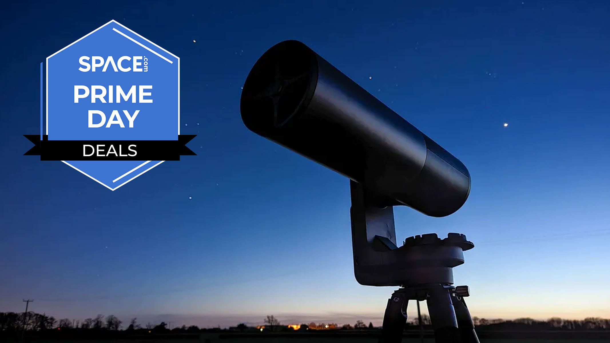 The Unistellar eQuinox 2 against a starry night sky showing Orion with a blue Space.com Prime Day badge in the corner. 