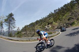 A Fuji - Servetto rider tackles a climb during the stage 12 time trial.