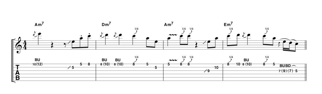 Example 5: As the chords reach the turnaround, ready to start the 12-bar sequence again, a simple staccato beginning builds in rhythmic complexity towards bar 4.