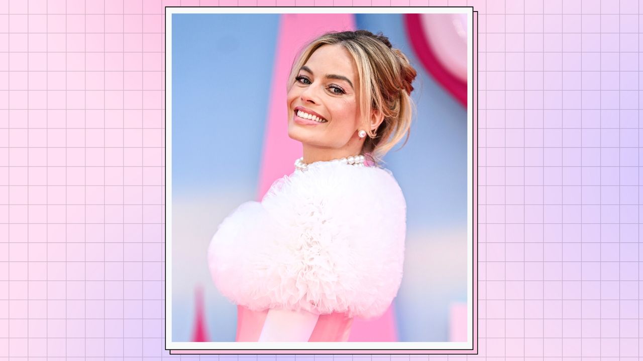 Margot Robbie attends the &quot;Barbie&quot; European Premiere at Cineworld Leicester Square on July 12, 2023 in London, England. / in a pink and purple template