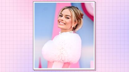 Margot Robbie attends the "Barbie" European Premiere at Cineworld Leicester Square on July 12, 2023 in London, England. / in a pink and purple template