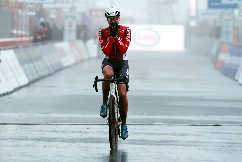 Belgian Sterre Vervloet celebrates after winning the women U23 of the Belgian Championships cyclocross (11-12/01) on Saturday 11 January 2025 in Heusden-Zolder.
BELGA PHOTO DAVID PINTENS (Photo by DAVID PINTENS / BELGA MAG / Belga via AFP)