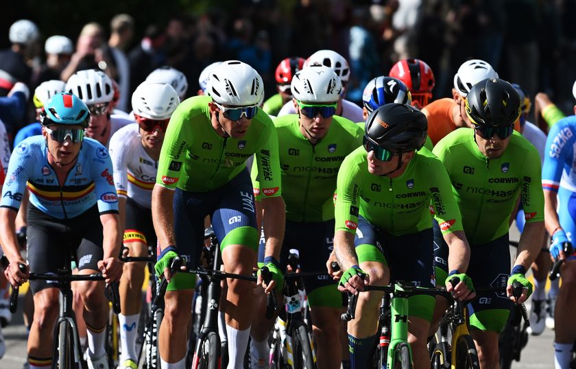 ZURICH, SWITZERLAND - SEPTEMBER 29: (L-R) Maxim Van Gils of Team Belgium, Domen Novak, Jaka Primozic, Jan Tratnik of Team Slovenia during the 97th UCI Cycling World Championships Zurich 2024, Men&#039;s Elite Road Race a 273.9km one day race from Winterthur to Zurich on September 29, 2024 in Zurich, Switzerland. (Photo by Dario Belingheri/Getty Images)