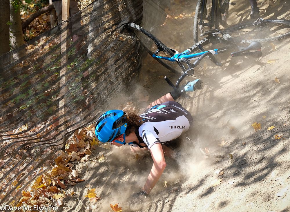 Emma Swartz (Trek Cyclocross) took a spill on the steep off-camber chute. She appeared to be unhurt.