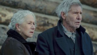 From left to right: Helen Mirren as Cara looking concerned and she's standing next to Harrison Ford's Jacob who also looks concerned.