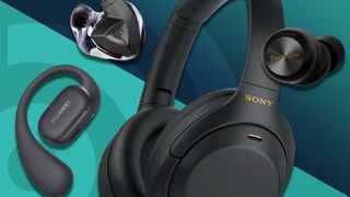 Four headphones and earbuds sets, on TR's light blue background