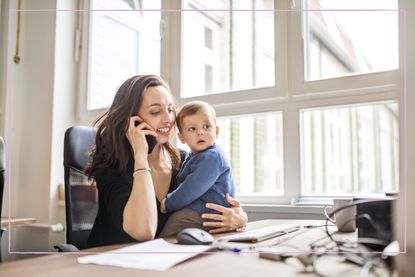 mum with baby son in office at work