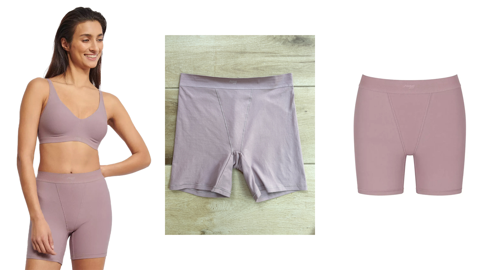 composite image of a model wearing anti-chafe shorts from Sloggi and cut out imagery