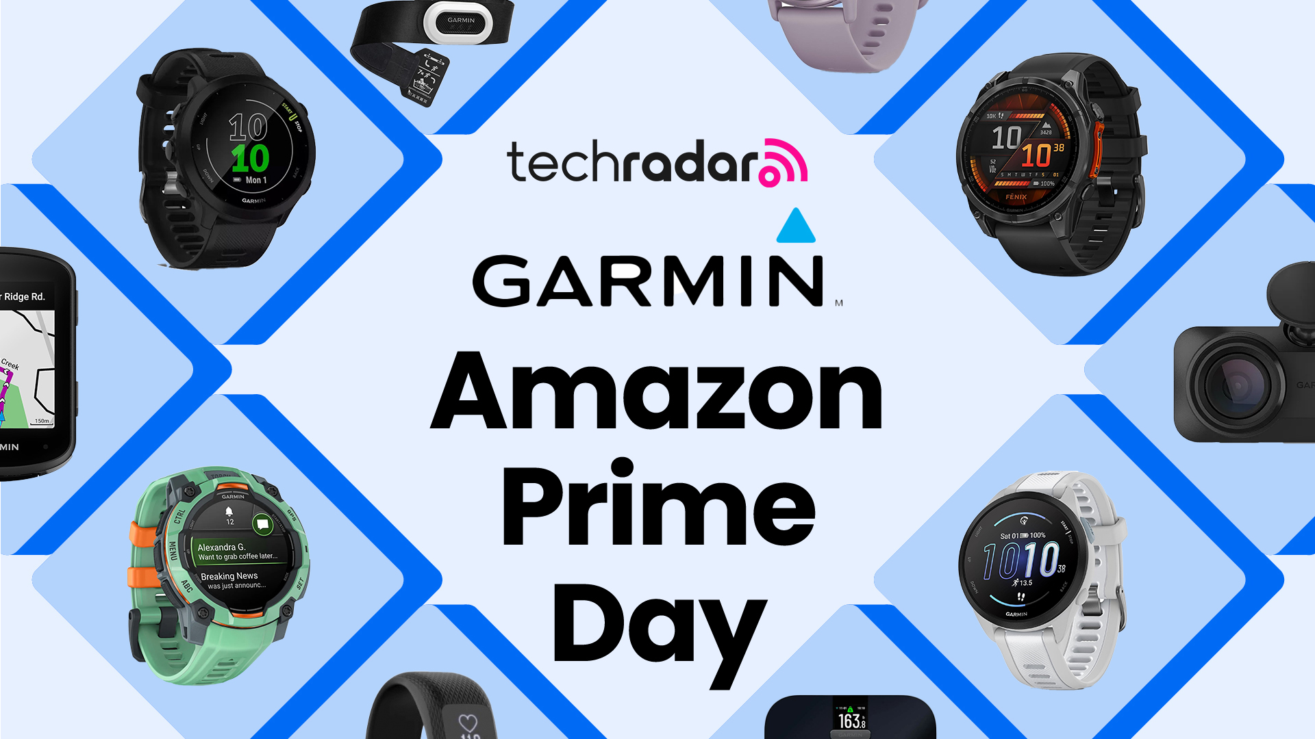 Various Garmin products in a diamond-shaped grid with banners for TechRadar, Garmin and Amazon Prime Day in the middle