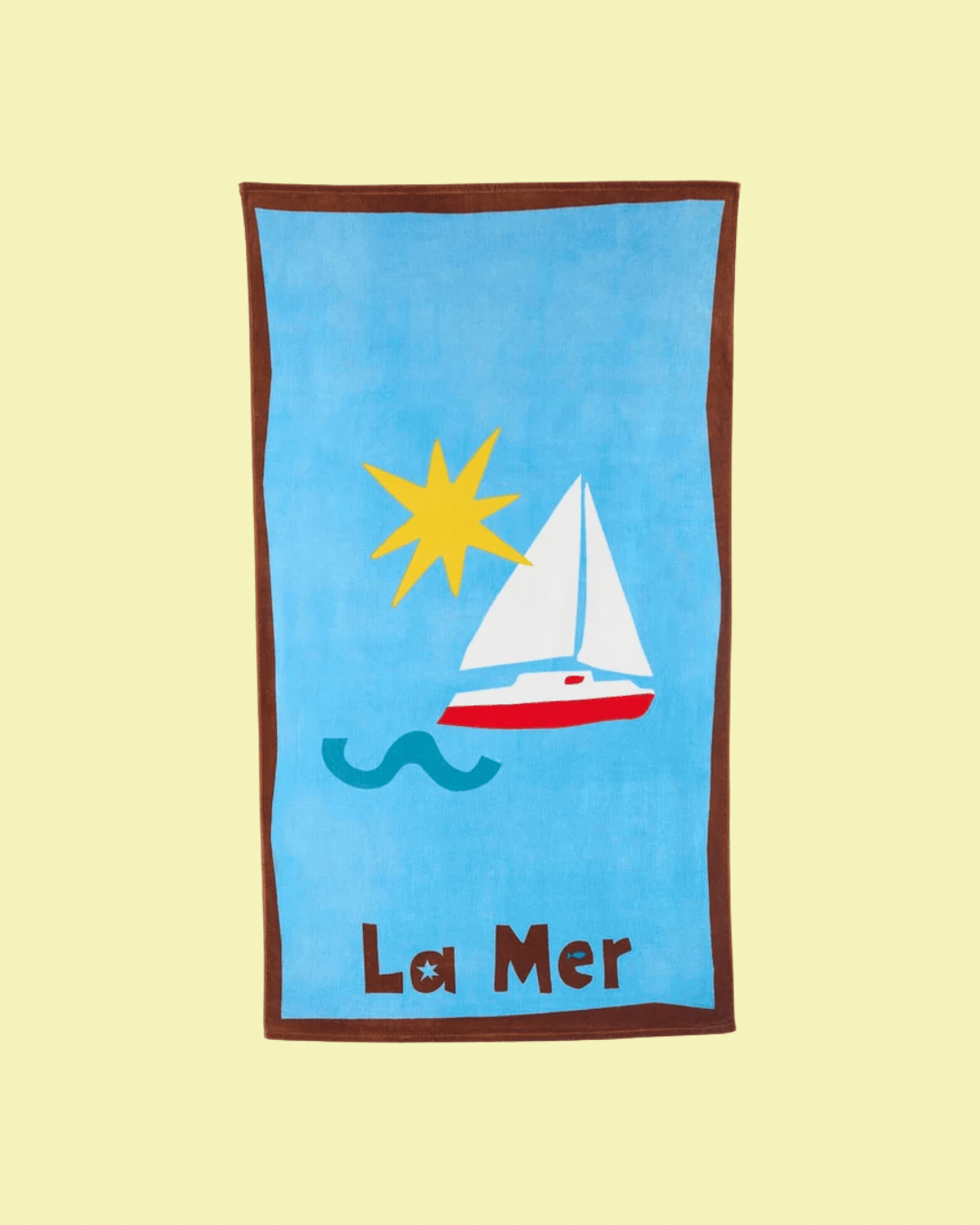 A pale blue towel with a brown rim and the sketch of a sailing boat, captured in a rotating gif open and closed against a pale yellow background.