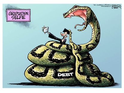Editorial cartoon graduation selfie debt